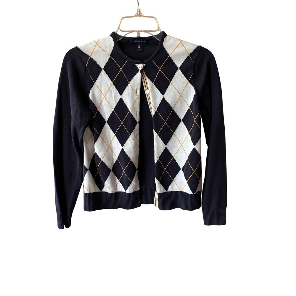 Lands End Cardigan Womens S 6-8 Navy Blue Argyle Supima Cotton Crew Neck Sweater